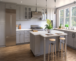 Image of kitchen with stainless steel appliances and mahogany cabinets